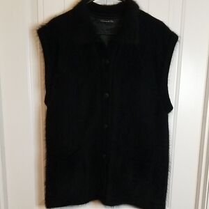 80% Angora Black Button-Up Vest With Pockets & Beautiful Unique Buttons M/L
